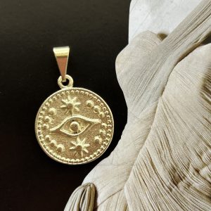 Pendant Medallion Ojo Protector Gold Mate - Colección Brasil - 16 mm - 1 unidad